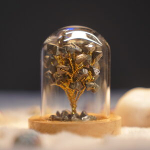 7 Chakra Crystal Stone Tree in Glass Cover with Wooden Base . Money Magnet ( Pyrite )