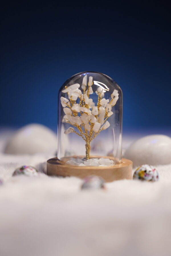 7 Chakra Crystal Stone Tree in Glass Cover with Wooden Base . (Clear Quartz )