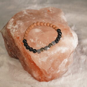Rudraksha and Black Tourmaline Buddha Bracelet with Pyrite