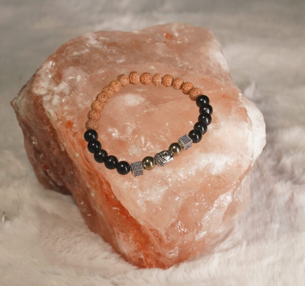 Rudraksha and Black Tourmaline Buddha Bracelet with Pyrite